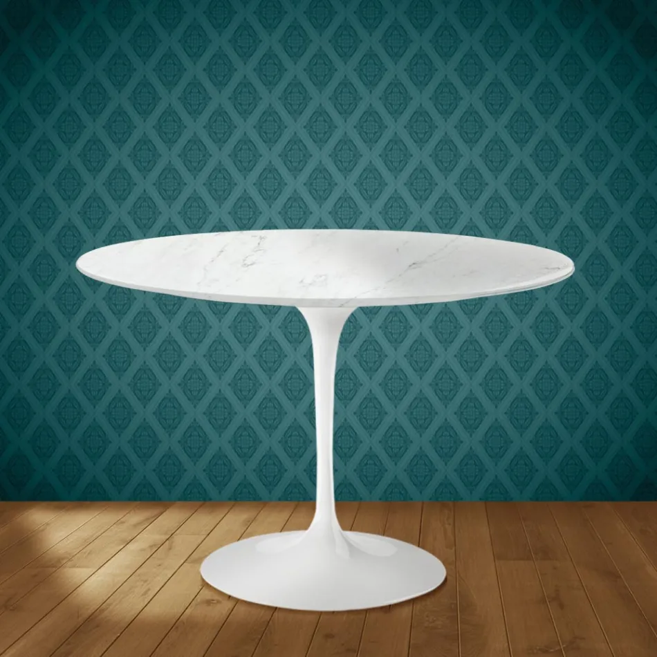 Mesa Tulip de Eero Saarinen, redonda, de 74 cm de altura, en cerámica Salina, fabricada en Italia - Escarlata Viadurini