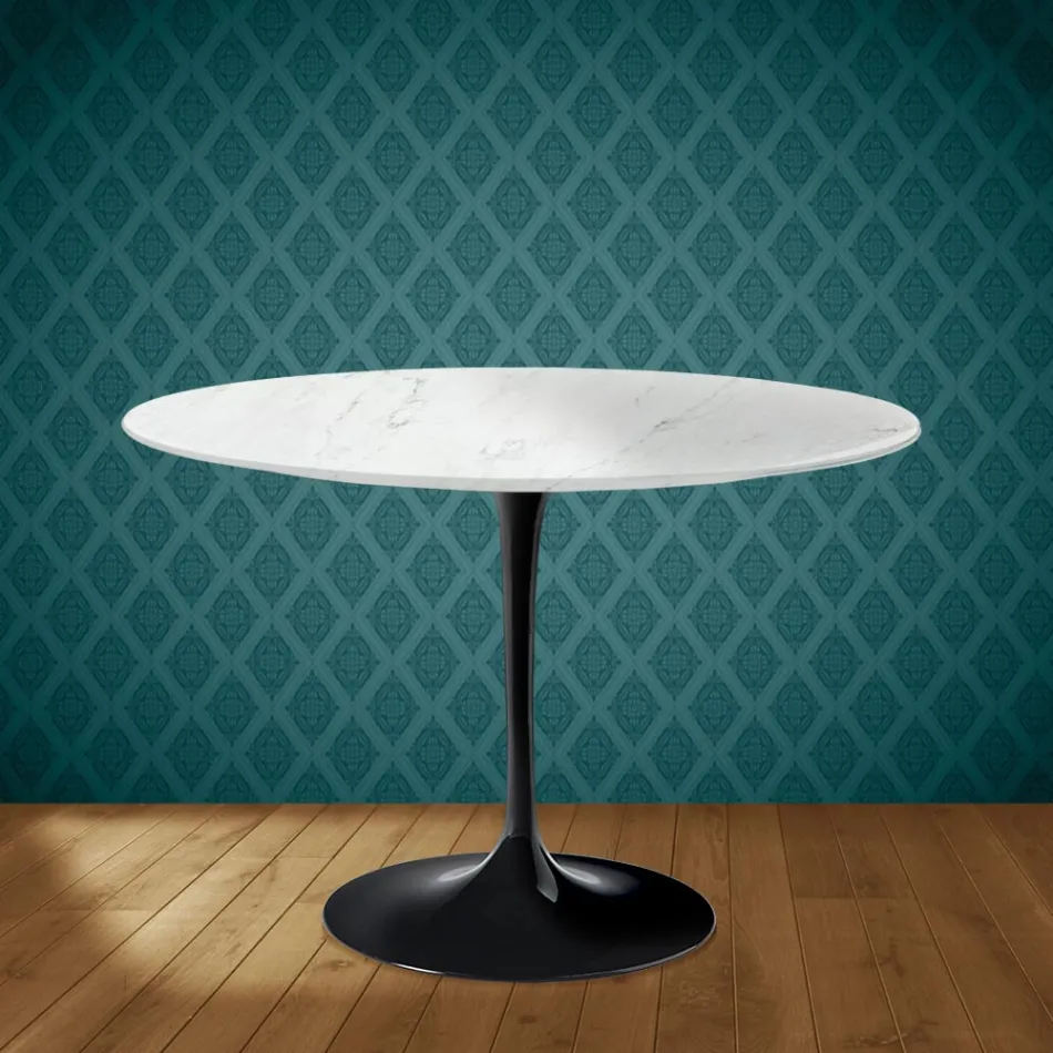 Mesa Tulip de Eero Saarinen, redonda, de 74 cm de altura, en cerámica Salina, fabricada en Italia - Escarlata Viadurini