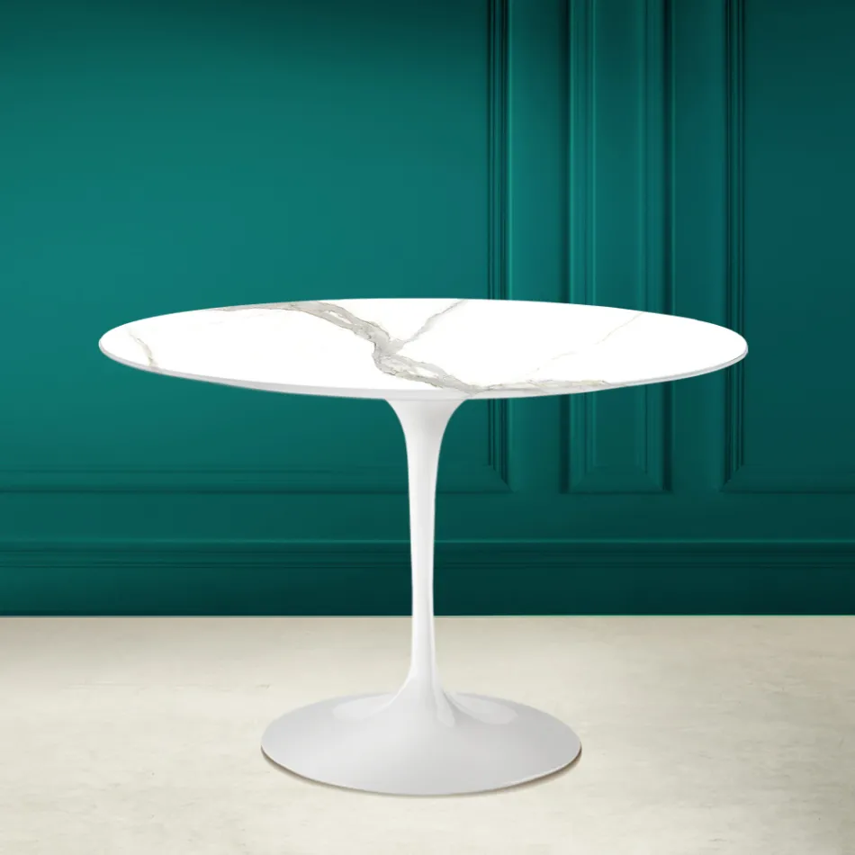 Mesa Tulip Saarinen H 73 Redonda en Cerámica Calacatta Michelangelo Viadurini