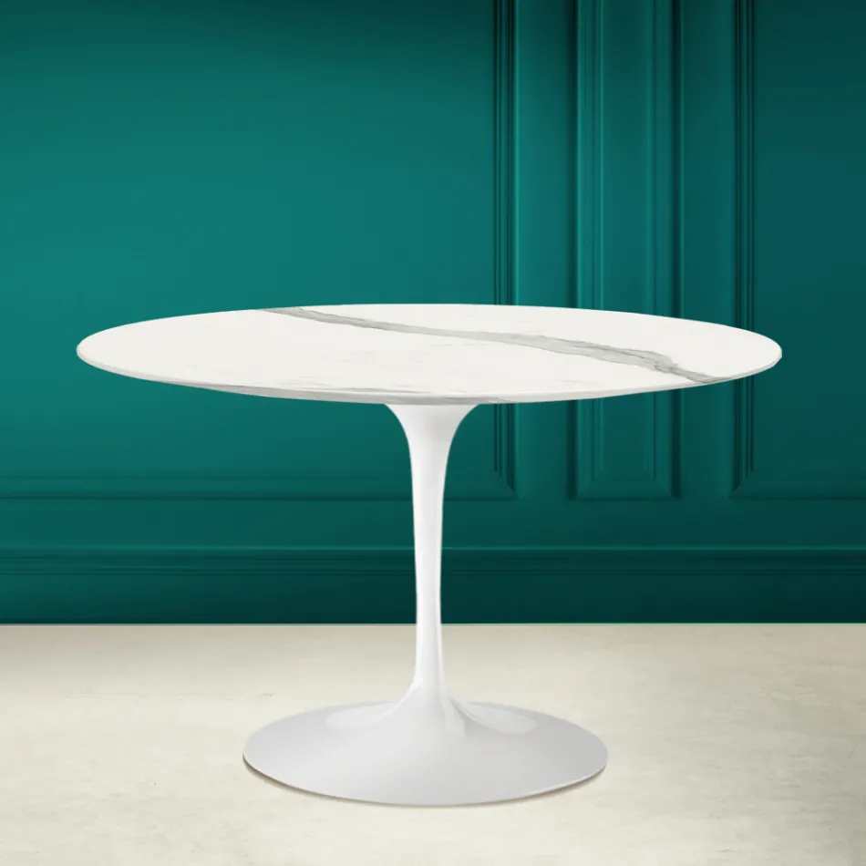 Mesa Tulip Saarinen H 73 Redonda en Cerámica Estatuaria Veta Llena Made in Italy - Escarlata Viadurini