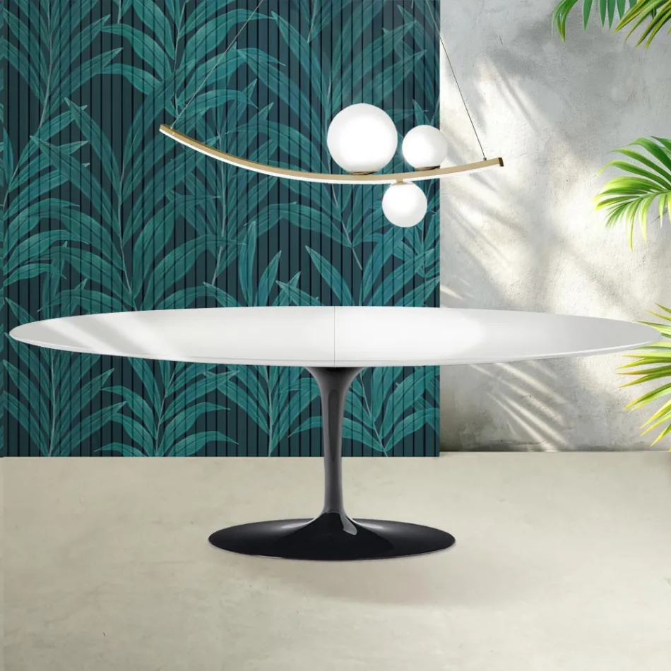 Mesa Tulipán Saarinen, 74 cm de altura, extensible, en cerámica Florim, blanco brillante - Escarlata Viadurini