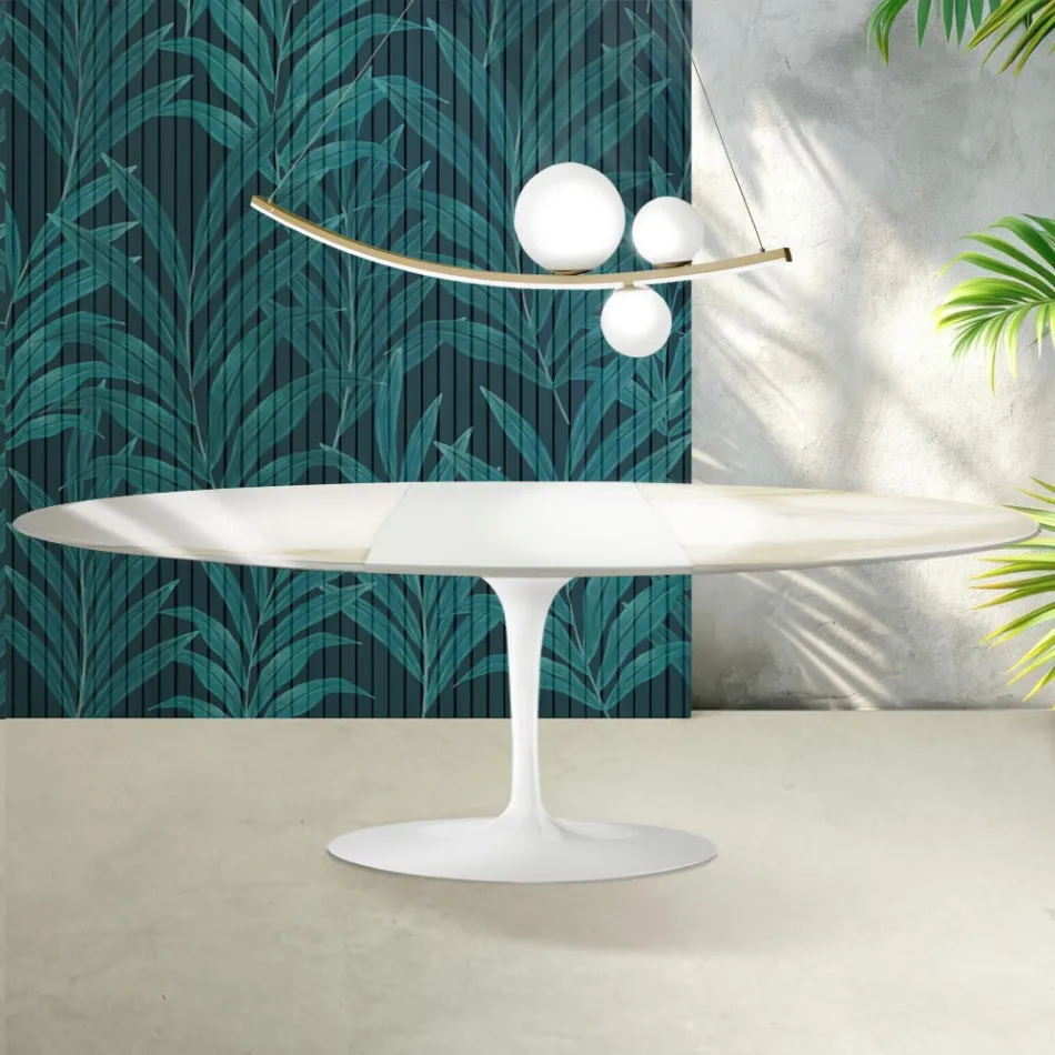 Mesa Tulipán Saarinen, 74 cm de altura, extensible, en cerámica Florim Calacatta Gold Gloss - Escarlata Viadurini