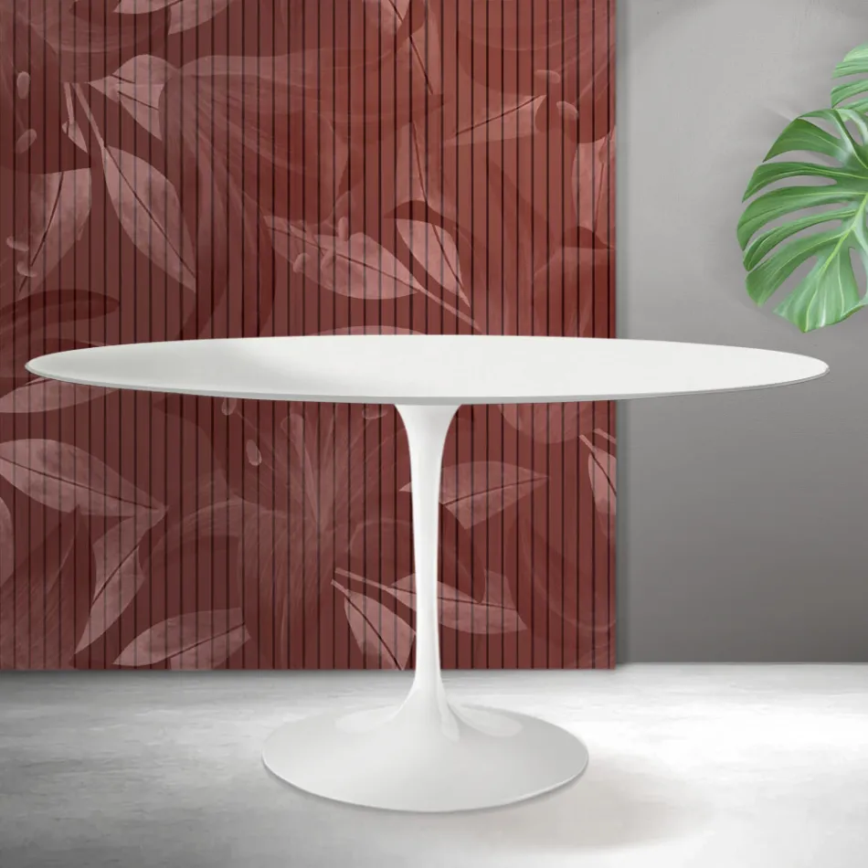 Mesa Tulip Saarinen H 74 cm Redonda en Cerámica Florim Blanca - Escarlata Viadurini