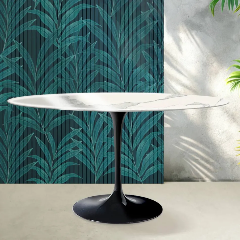 Mesa Tulipán Saarinen, redonda, 74 cm de altura, en cerámica Statuario Florim brillante - Escarlata Viadurini