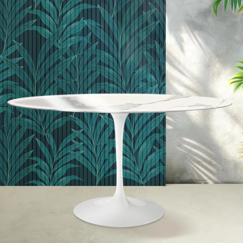 Mesa Tulipán Saarinen, redonda, 74 cm de altura, en cerámica Statuario Florim brillante - Escarlata Viadurini
