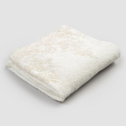 Toalla de baño de felpa de algodón con diseño de mezcla de lino con encaje - Ginova Viadurini
