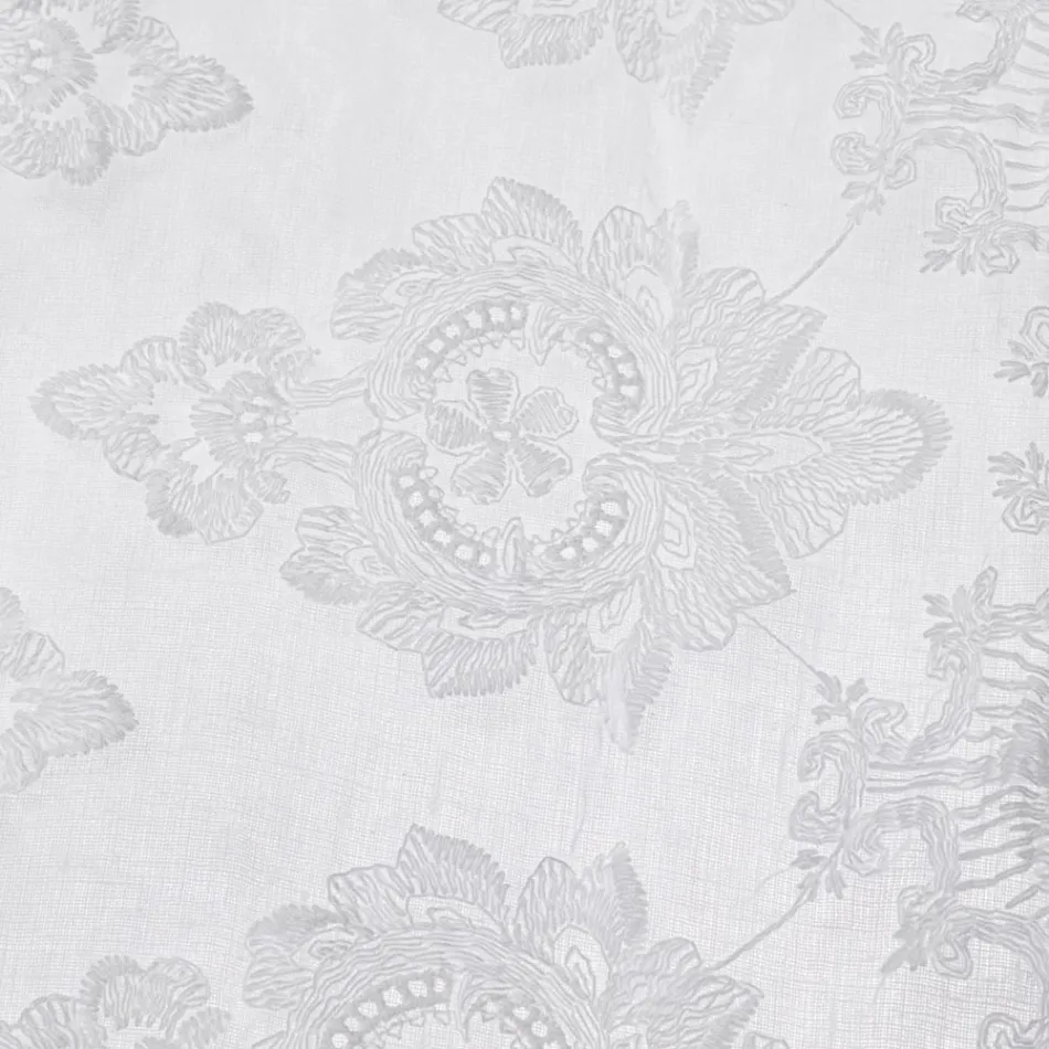Cortina italiana de lino claro de lujo con organza y bordado blanco - Marinella Viadurini