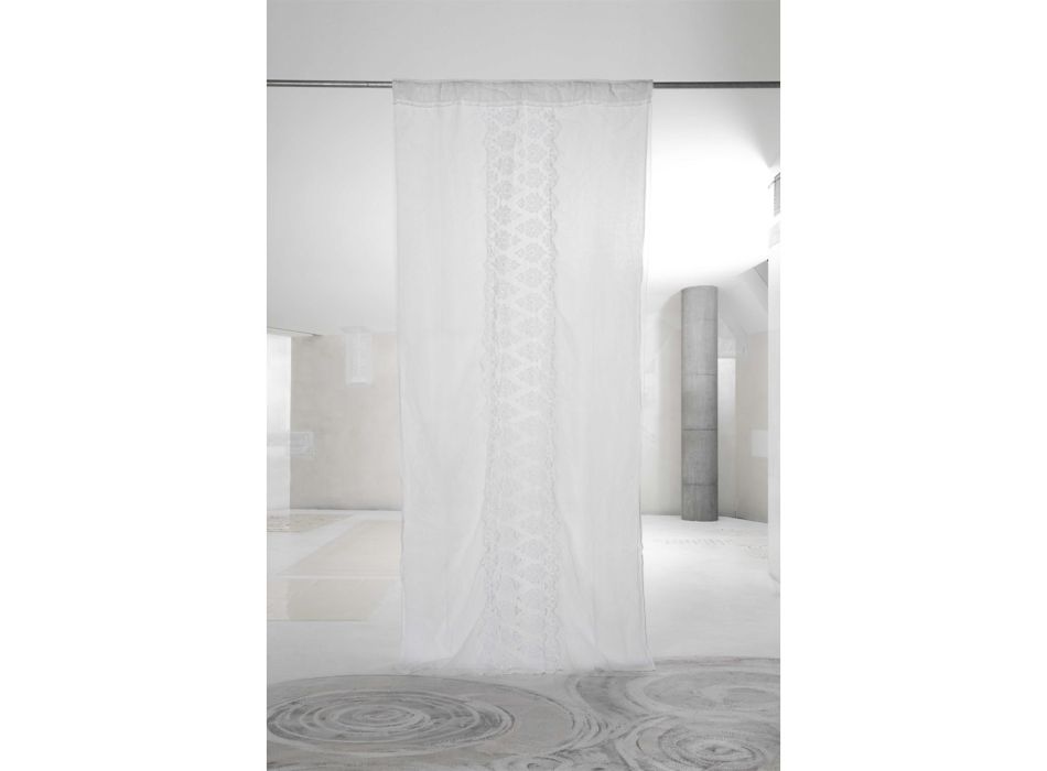 Cortina retro de lino claro con organza y bordado de lujo italiano - Marinella Viadurini