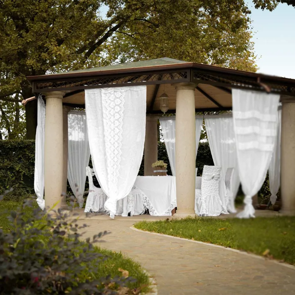 Cortina retro de lino claro con organza y bordado de lujo italiano - Marinella Viadurini