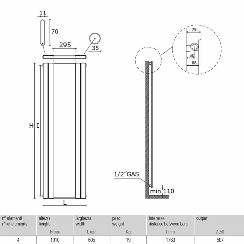 Radiador de baño vertical de diseño en acero con espejo de 587 W - Picchio Viadurini
