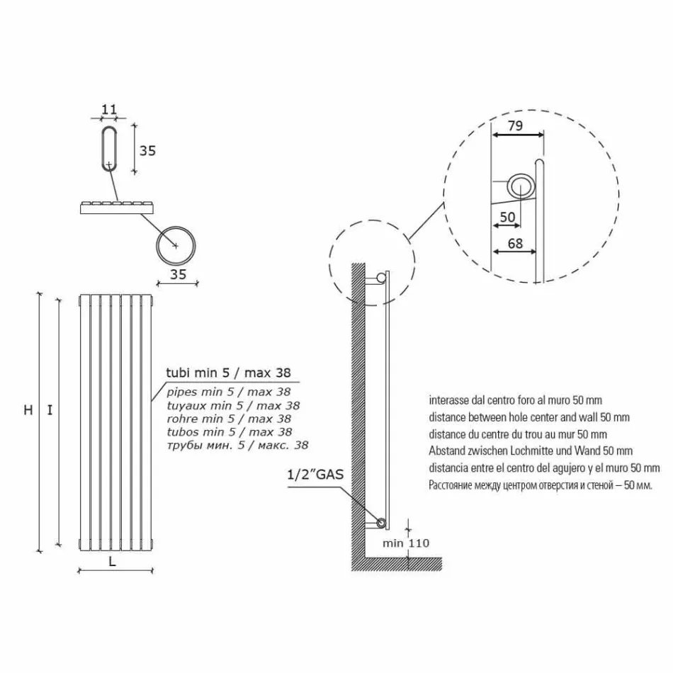 Radiador de pared hidráulico vertical de diseño moderno de hasta 1224 vatios - Regolo Viadurini