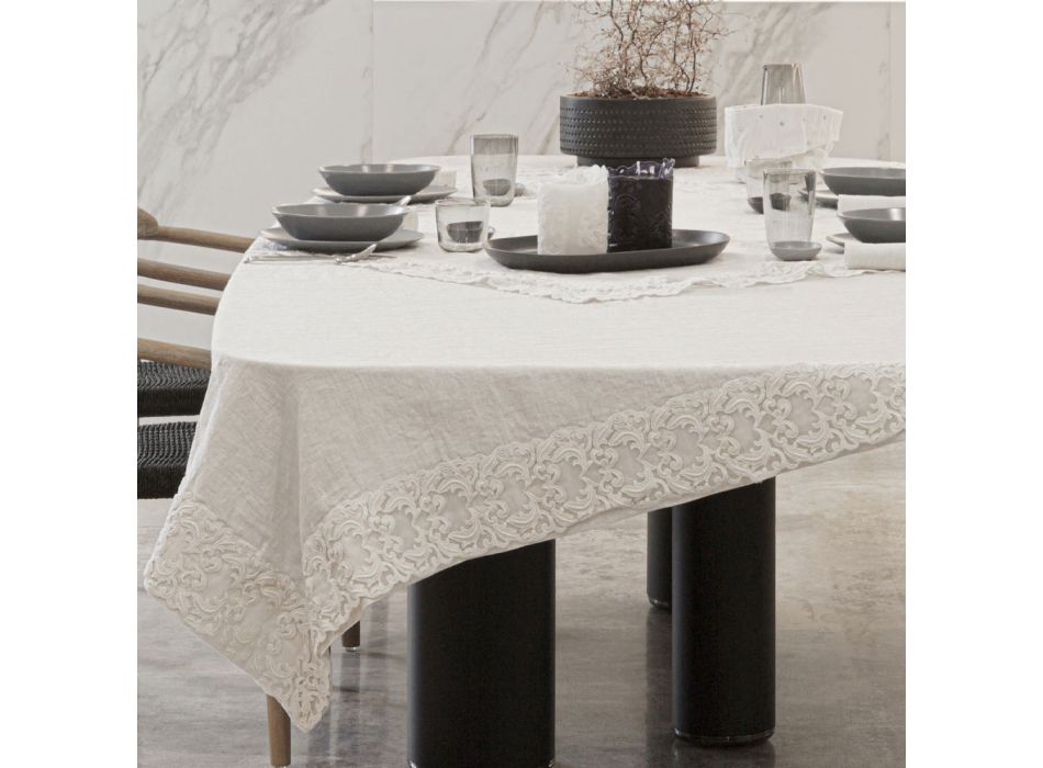 Mantel de lino blanco o mantequilla con diseño rectangular de encaje de farnesio - Kippel Viadurini