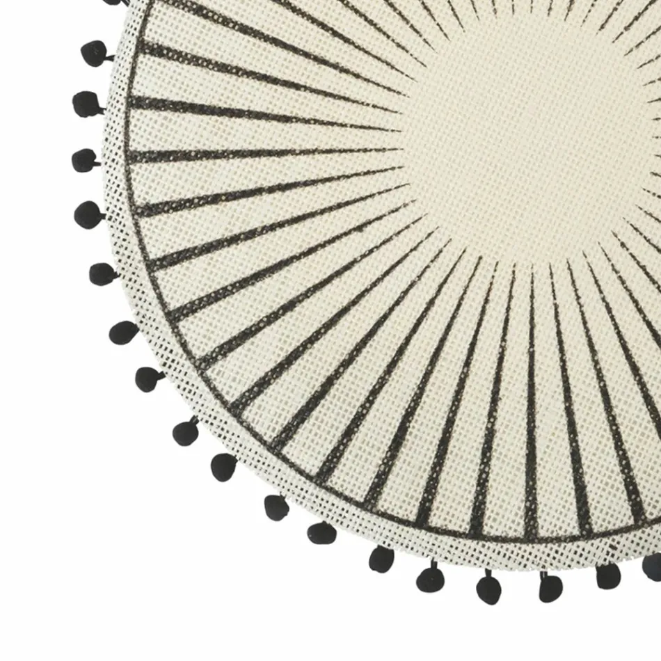 Mantel individual redondo de yute con pompones negros 12 piezas - Casside Viadurini