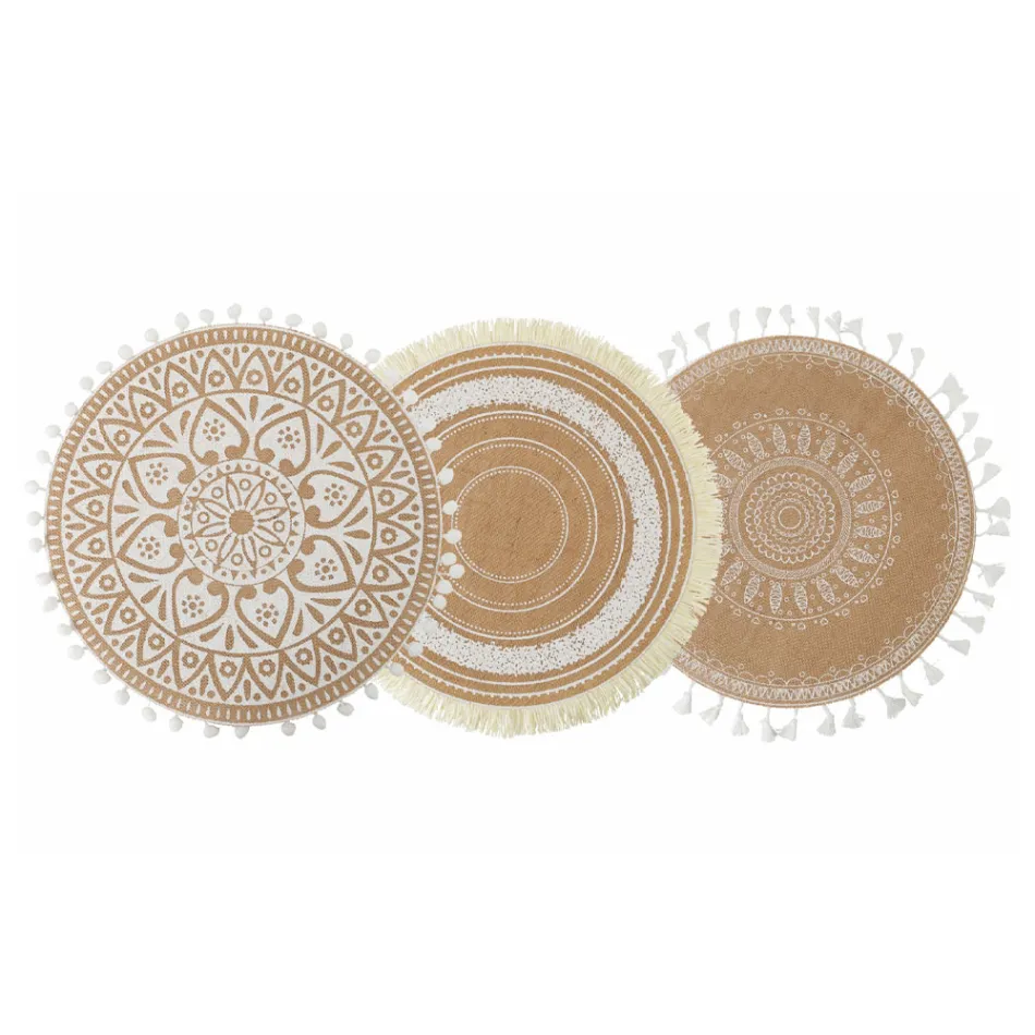 Mantel individual de desayuno redondo en yute y 3 decoraciones blancas 12 piezas - Cassiode Viadurini
