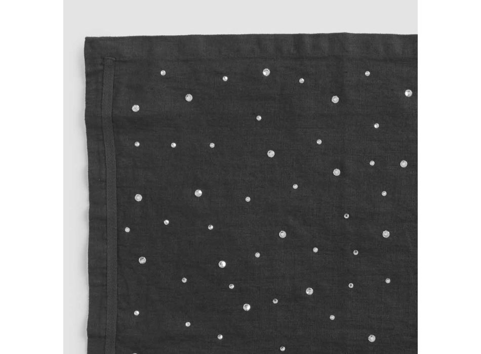 Mantel individual de lino negro con cristales, artesanía italiana, 2 piezas - Nabuko Viadurini