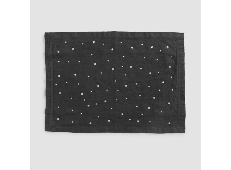 Mantel individual de lino negro con cristales, artesanía italiana, 2 piezas - Nabuko Viadurini