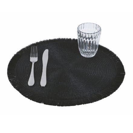 Manteles individuales redondos para el desayuno en poliéster negro con flecos 12 piezas - Saretta Viadurini