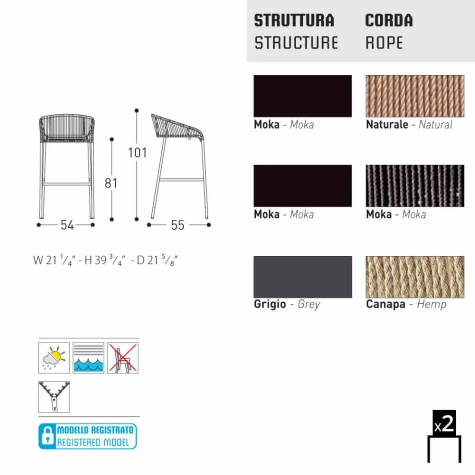 Varaschin Cricket taburete de diseño moderno jardín superior, 2 piezas Viadurini