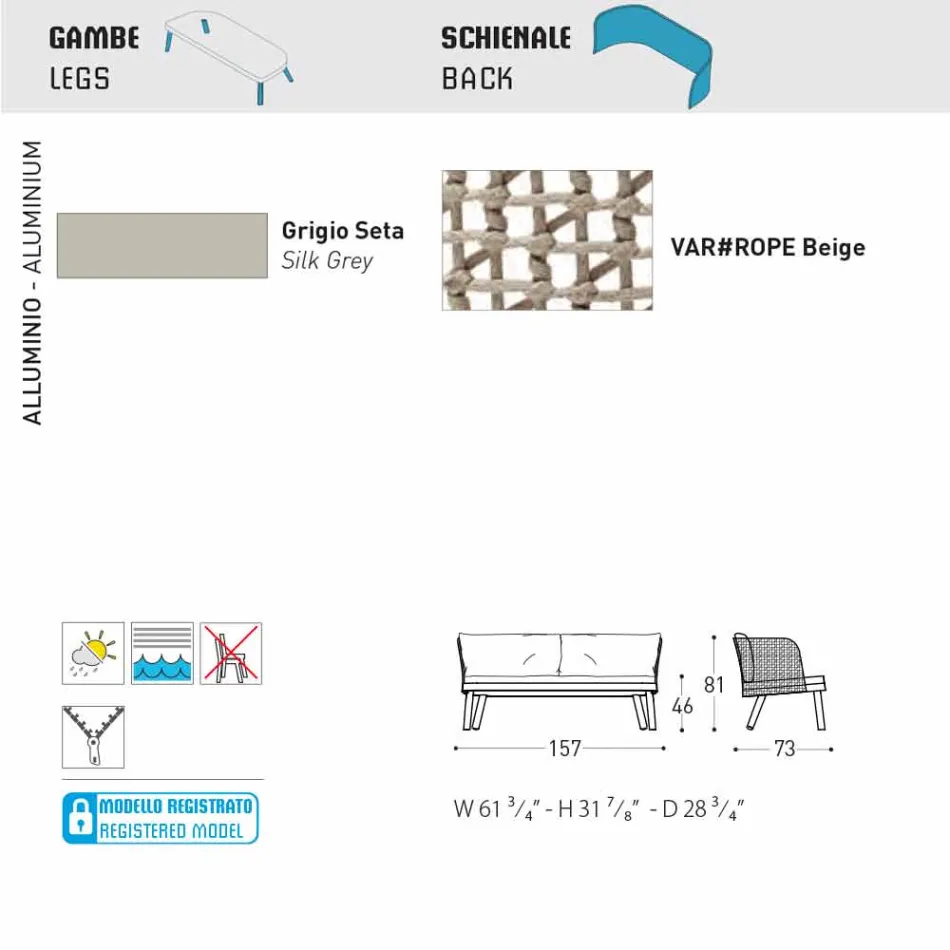 Varaschin Emma sofá de jardín tapizado biplaza moderno Viadurini