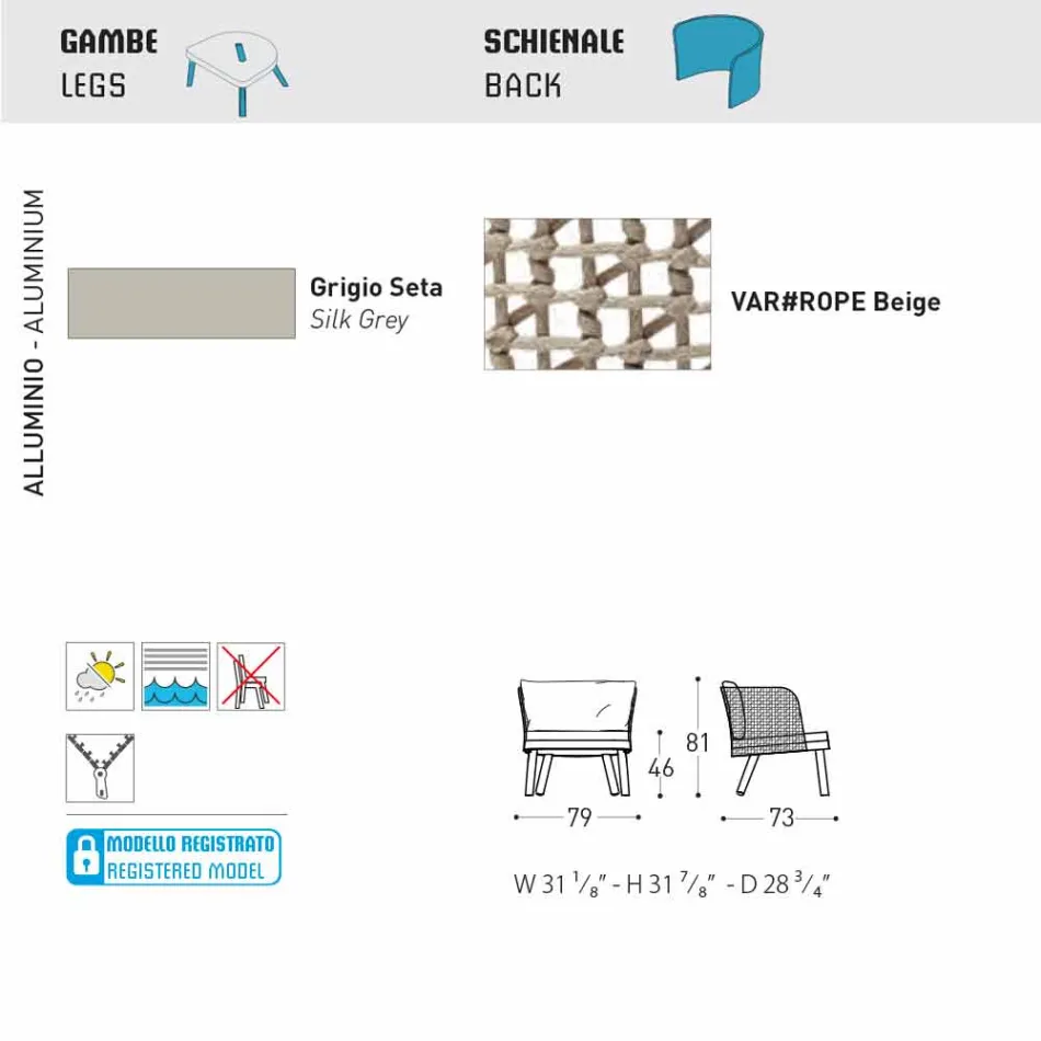 Sillón de jardín Varaschin Emma tapizado en tela y metal Viadurini