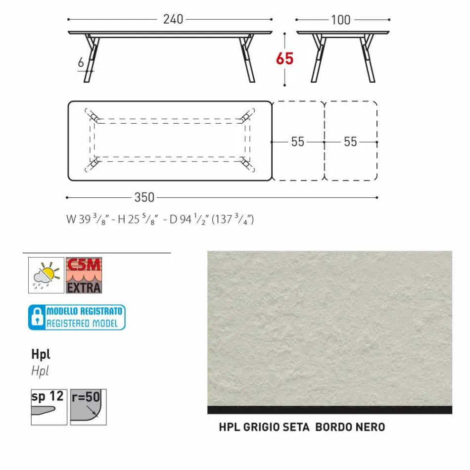 Varaschin Enlace tabla H 65 cm jardín extensible hasta 350 cm Viadurini