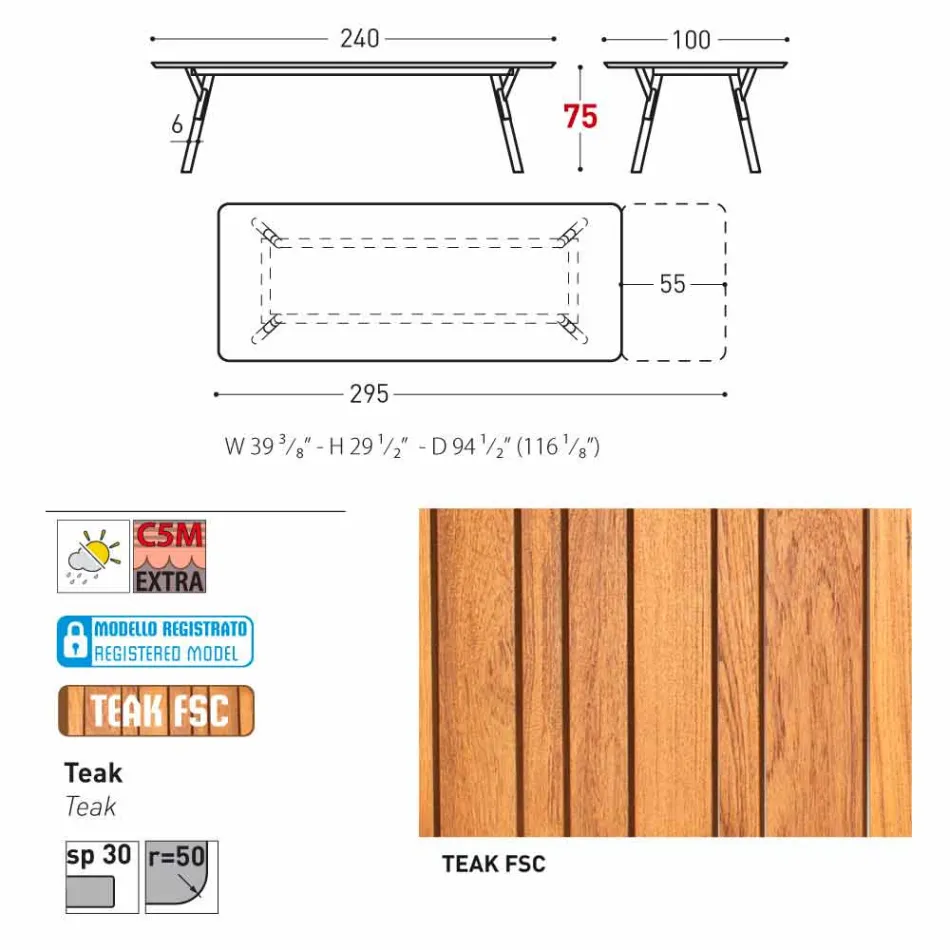 Varaschin Enlace tabla de extensión de jardín con patas de madera de teca, H75 cm Viadurini