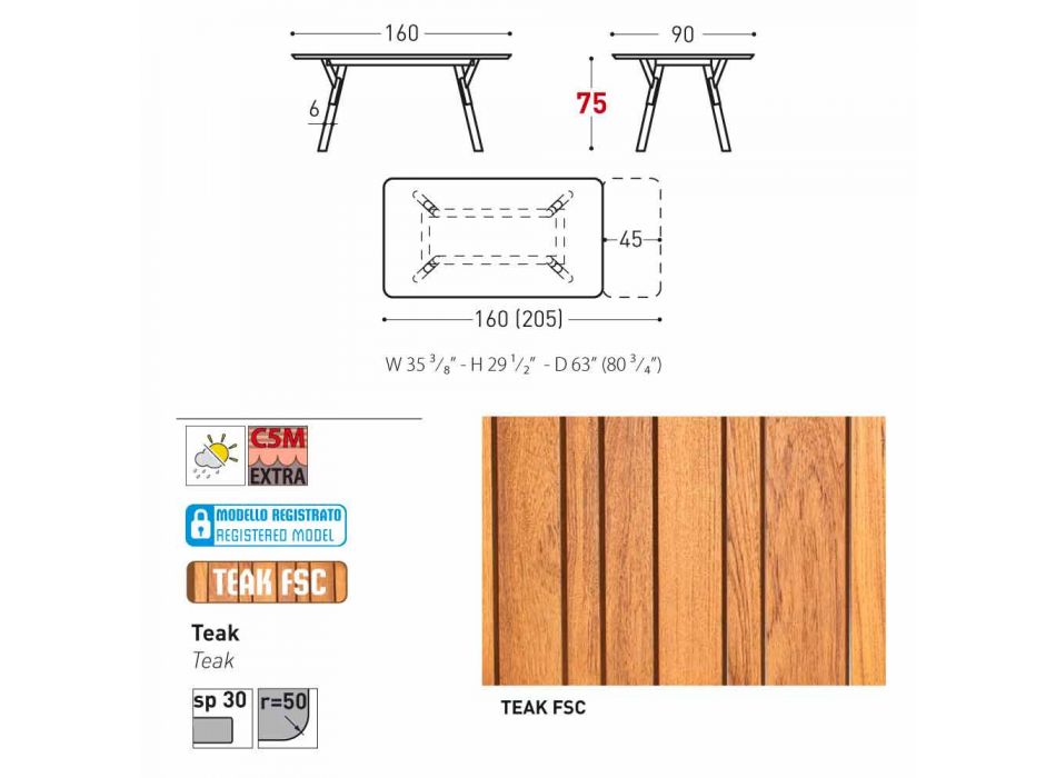 Varaschin Enlace tabla de extensión de jardín con patas de madera de teca, H75 cm Viadurini