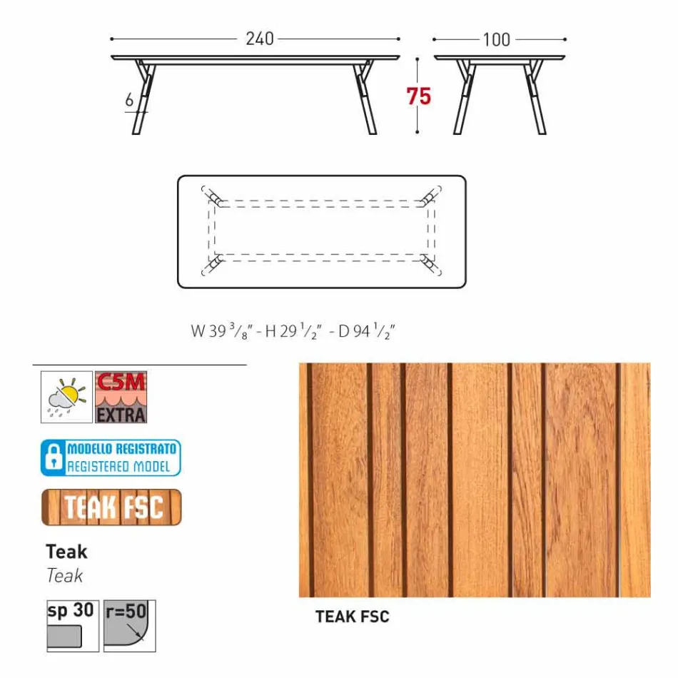 mesa Varaschin Enlace con patas de madera de teca, H 75 cm Viadurini