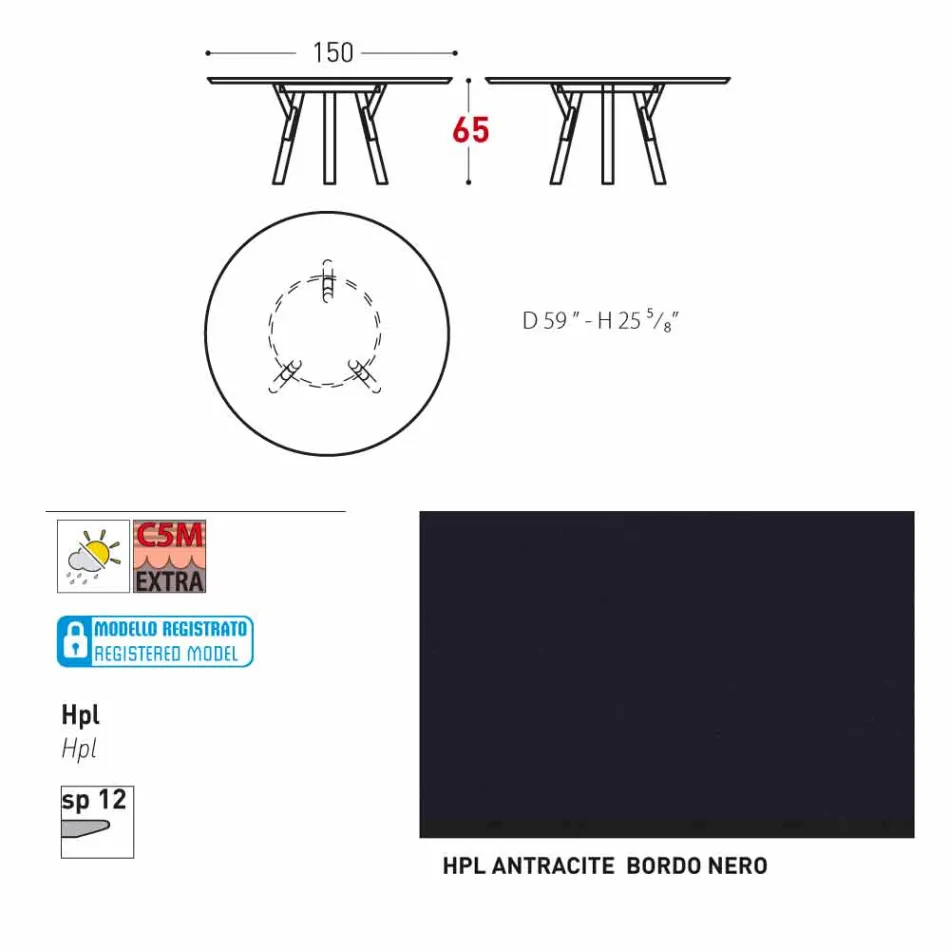 Varaschin enlace Ronda de mesa al aire libre con patas de madera de teca, 65 cm H Viadurini