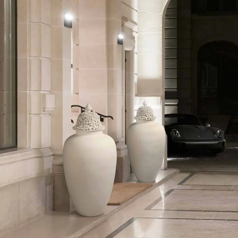 Jarrón alto de cerámica blanca con punta decorada hecho a mano en Italia - Verio Viadurini