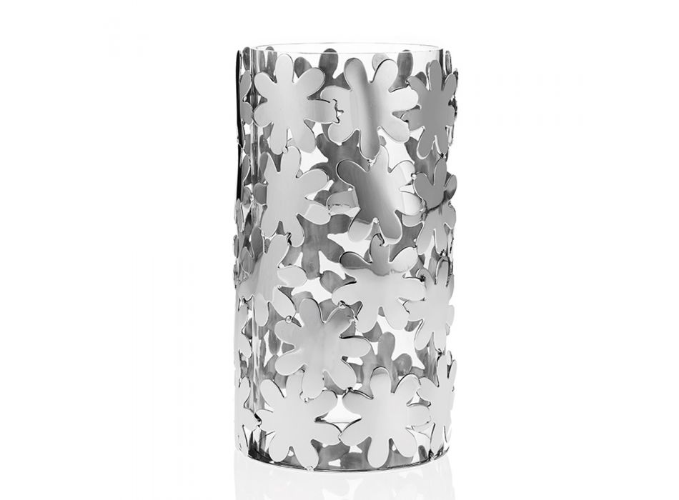 Jarrón cilíndrico en vidrio y metal plateado y decoración floral de lujo - Terraceo Viadurini