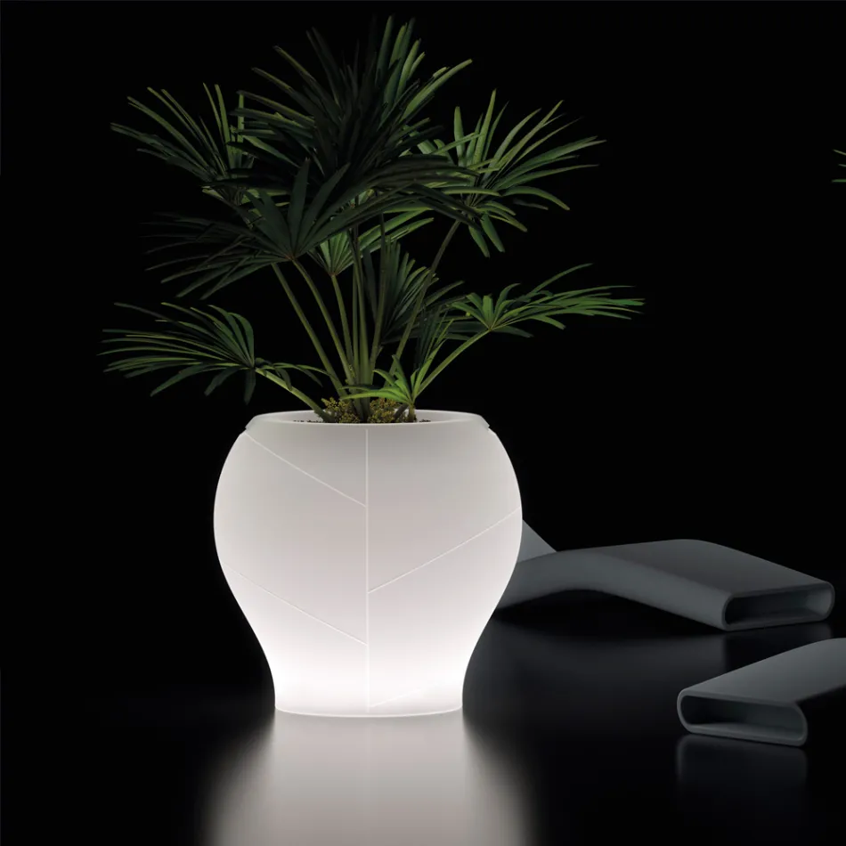 Jarrón de jardín luminoso de polietileno blanco fabricado en Italia - Loto Viadurini