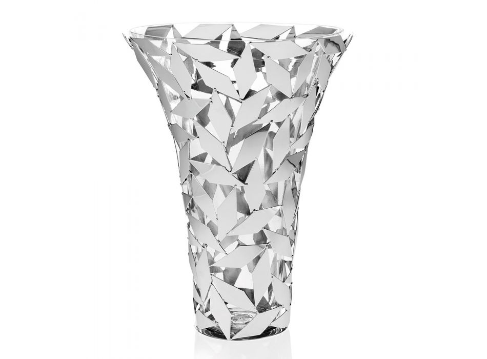 Jarrón de lujo elegante en vidrio y decoraciones geométricas de metal plateado - Torresi Viadurini