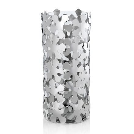 Jarrón en metal plateado y vidrio elegante diseño cilíndrico con flores - Megghy Viadurini