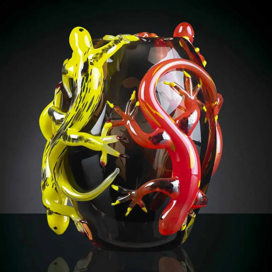 Jarrón de vidrio coloreado con Geckos hecho a mano en Italia - Geco Viadurini