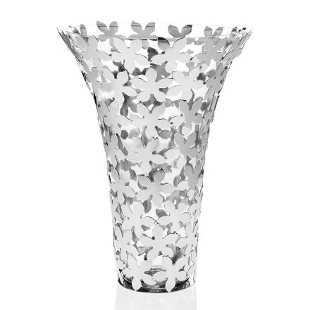 Jarrón italiano de lujo de vidrio y metal plateado con decoración floral - Terraceo Viadurini