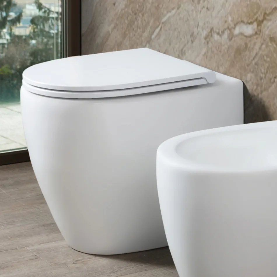 Inodoro Aster de cerámica mate bicolor sin borde con asiento de cierre suave.   Viadurini
