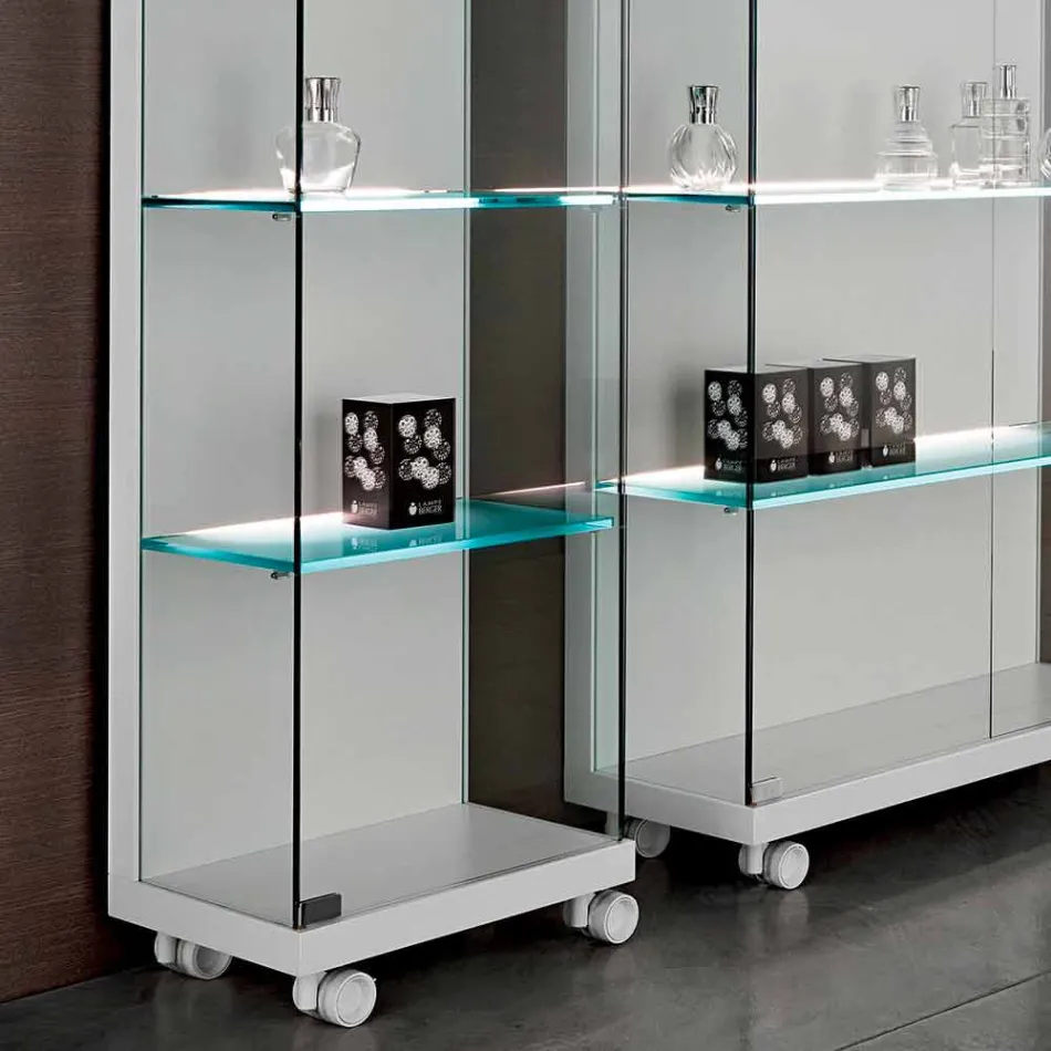 Vitrina de Pared en Vidrio y Madera Blanca, Ruedas y Estantes Iluminados - Armilla Viadurini