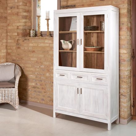 Vitrina de salón Sanda de teca maciza con 4 puertas y 3 cajones Viadurini