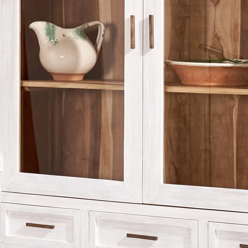 Vitrina de salón Sanda de teca maciza con 4 puertas y 3 cajones Viadurini