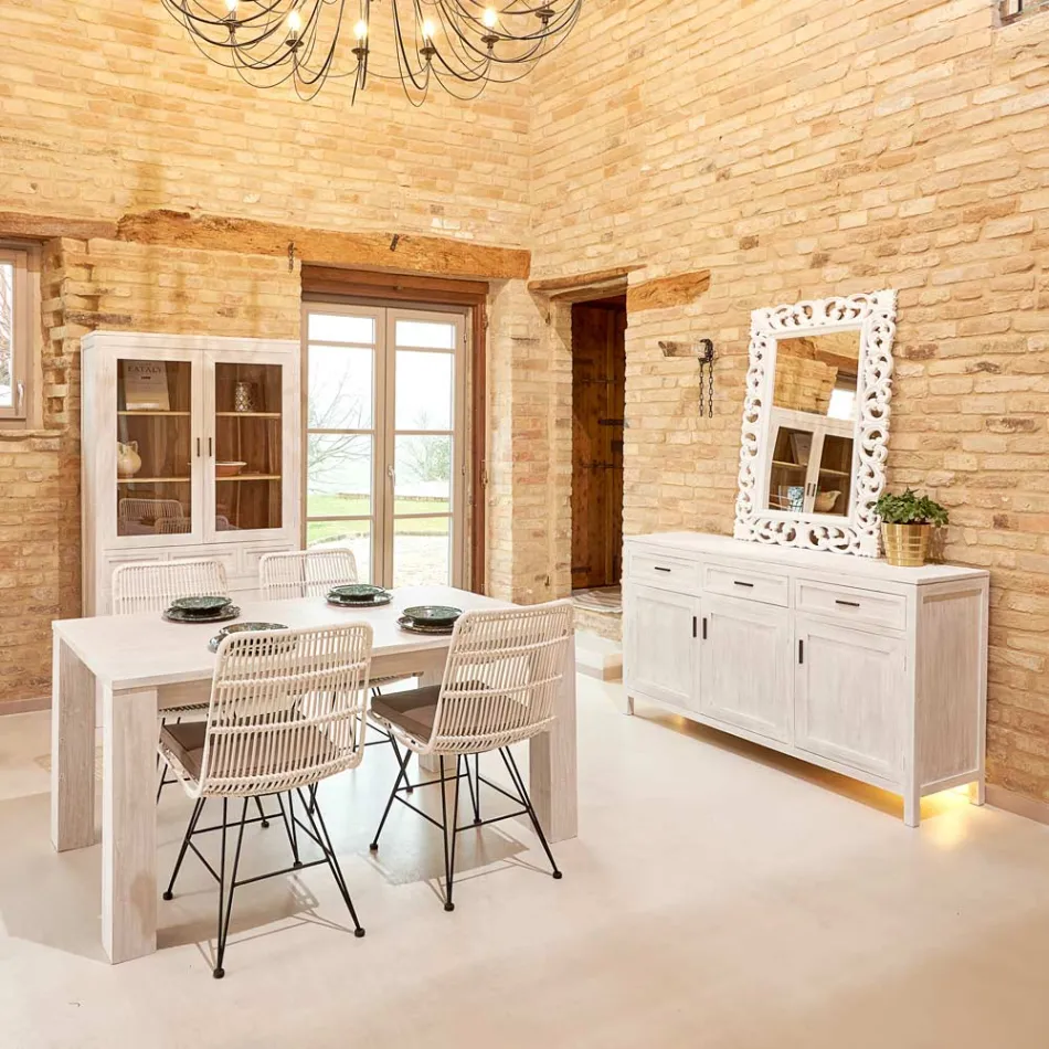 Vitrina de salón Sanda de teca maciza con 4 puertas y 3 cajones Viadurini