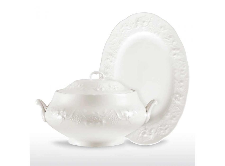 Sopera grande y bandeja en diseño decorado de porcelana blanca - Gimignano Viadurini